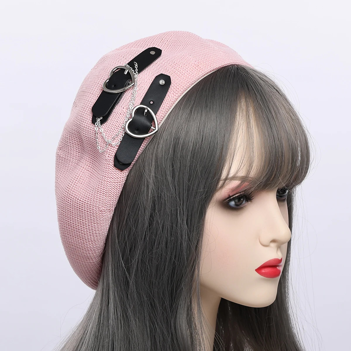 Black Punk Beret for Girls Women 56cm Head Preppy Style Breathable Gothic Lolita JK Hat Beanie 250604