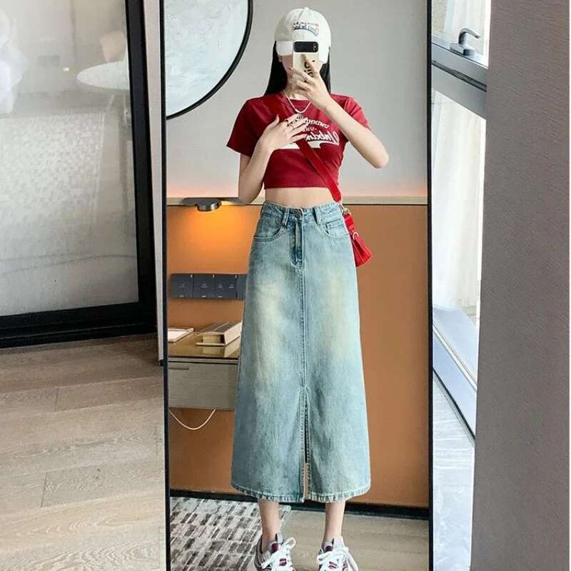 Female Jeans Skirts Korean Style Aesthetic Premium Quality Stylish Y2k Vintage Modest Cheap High Waist Midi Womens Denim Skirt