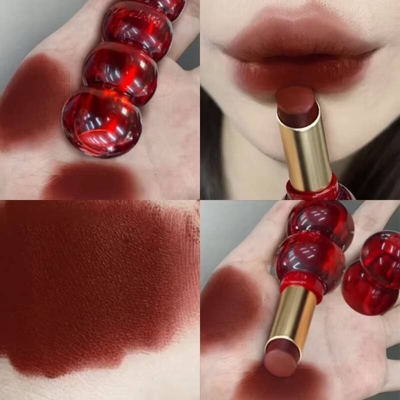Cute Gourd Shape Matte Lipstick Smoked Brown Red Solid Gloss Waterproof Long Lasting Tinted Balm Velvet Lip Makeup Pen happy