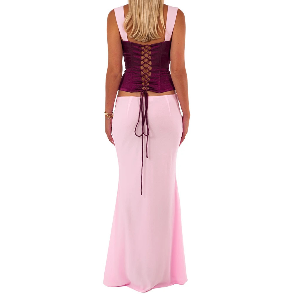 Women Summer Two Piece Maxi Skirts Sets Y2k Strappy Ruched Tank Tops Elegant Flared A-Line Long Skirt Vacation Beach Outfits 250617