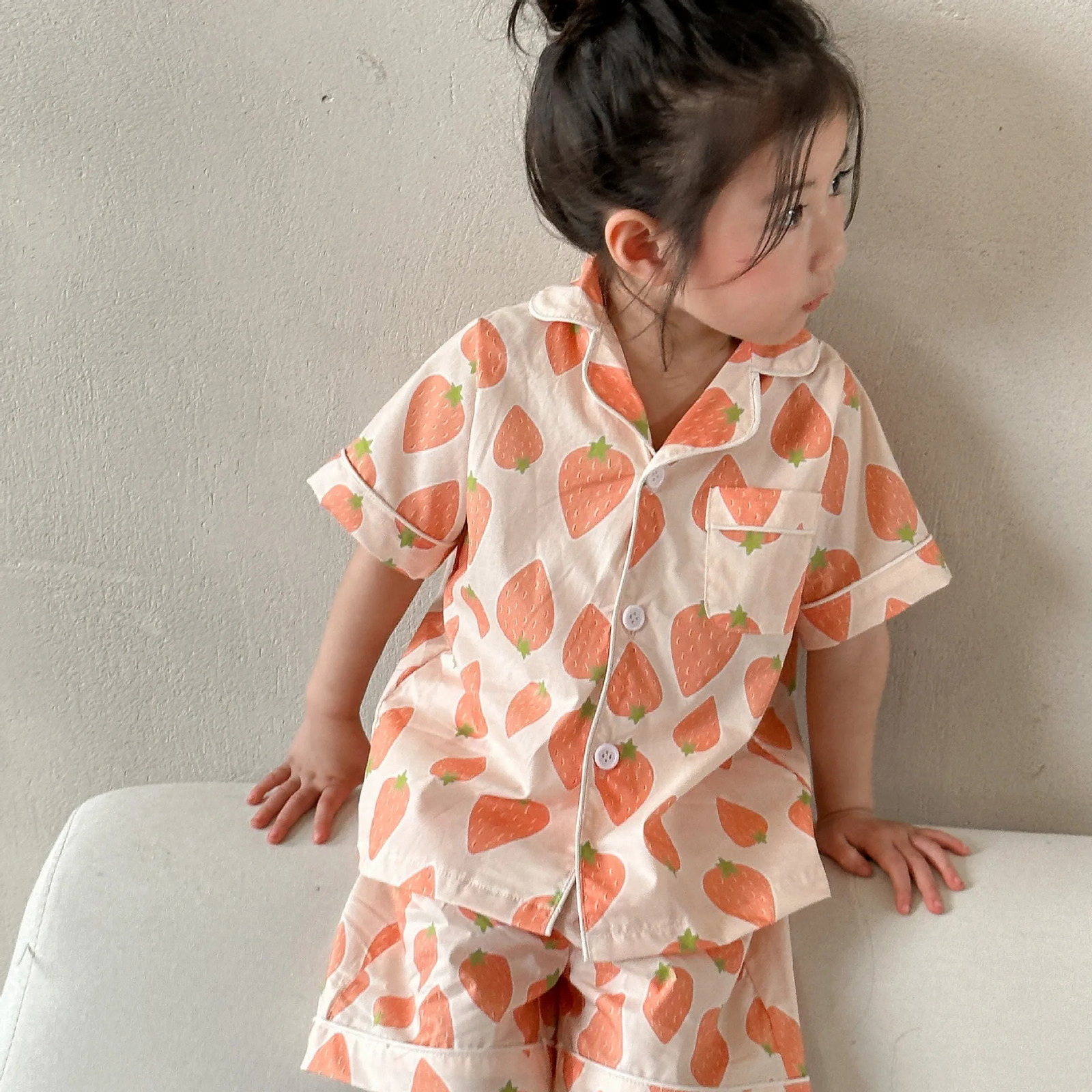 Summer Kids Girls 2PCS Sleepwears Set Muslin Fruit Printed T-shirts Elastic Shorts Suit Children Baby Girls Pajamas 250617