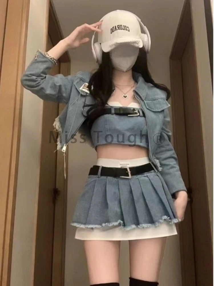 High Street Y2k Fashion Two Piece Set Women Retro Denim Long Sleeve Skirts Suit Korean Style Chic Set Short Vest Mini Skirt 250614