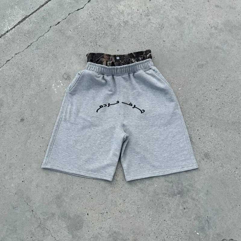 Vintage grey beach shorts casual wear Y2K baggy print pattern camouflage double waist cotton drawstring breathable men clothing Z250617