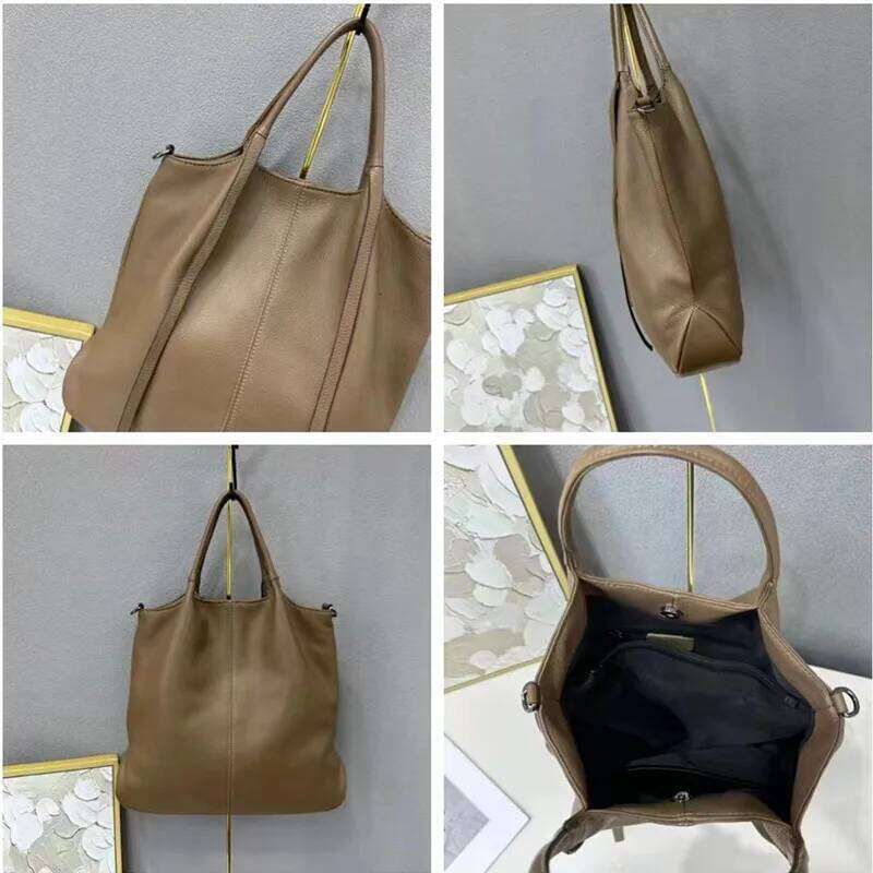 Casual Women Genuine Leather Handbags Large Shoulder Solid Color Soft Cowhide Work Crossbody Bucket Bag Female Purse Tote