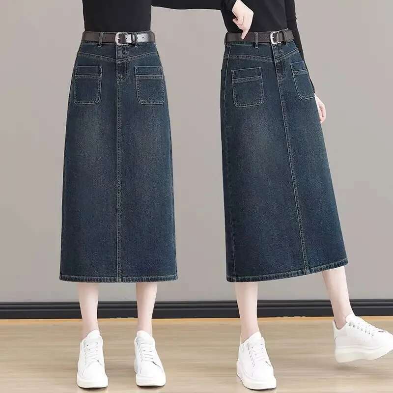 Vintage With Pocket Midi Jeans Skirts for Women Premium Clothing Sales Harajuku Streetwear Chic and Elegant Woman Denim Skirt