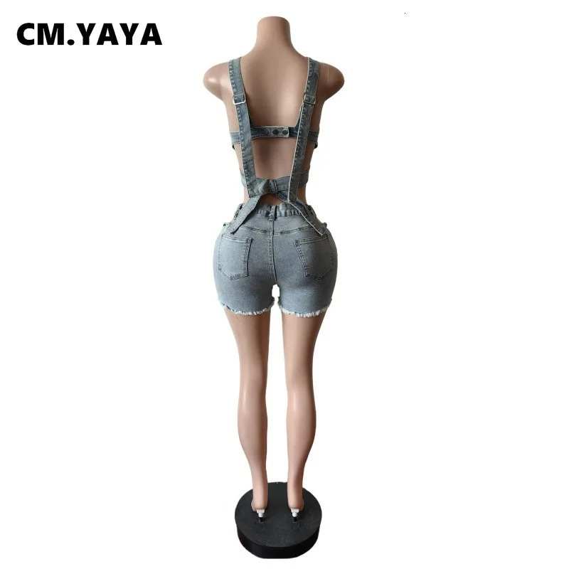 CM.YAYA Fashion Denim Cutout Womens Set Wrap Strap Crop Top and Shorts Jeans 2025 Summer Two 2 Piece Sets Outfits Tracksuit 250614