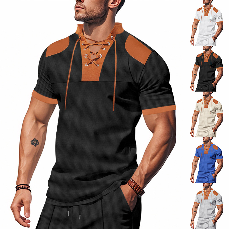 Men's T-shirt New short-sleeved POLO Large-sized retro lace-up V-neck T-shirt for men, fashionable and casual color-blocked short-sleeved shirt E