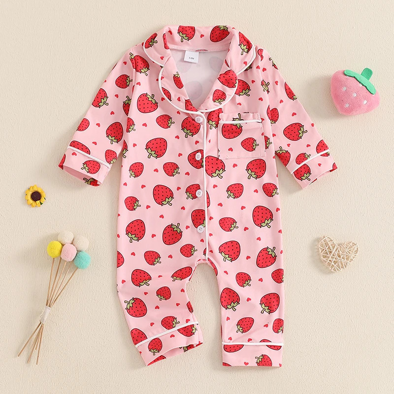 Baby Girl Fall Sleepwear Romper Cute Bow/Strawberry Print Button Down Long Sleeve Lapel Full Length Jumpsuit 250617