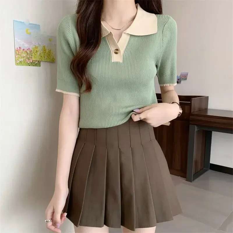 Knitted Woman Tshirt Summer Outfit Polo Neck T Shirt for Women Womens Short Sleeve T-shirt on Offer with Collar High Quality
