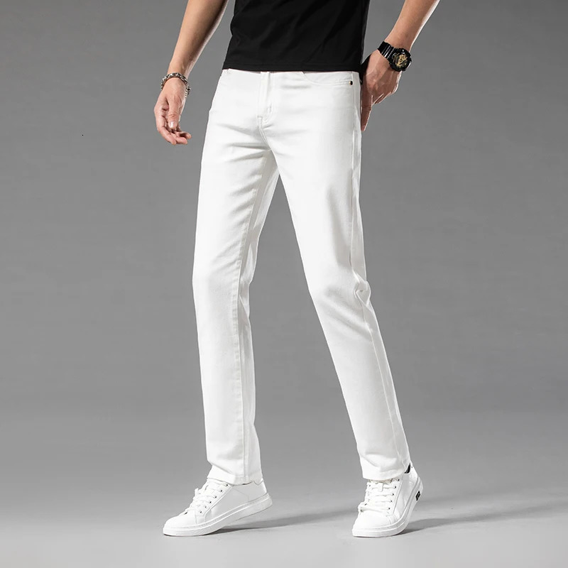 Summer 98% Cotton Mens Casual Jeans White Classic Fashionable Stretch Straight Denim Trousers Black Clothing Male 250614