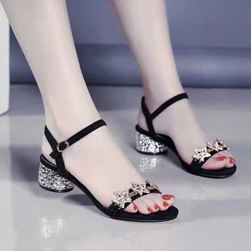 Ladies Shoes RhinESTones Open Toe With Medium Heels Womens Sandals Asian Size Comfortable and Elegant Sandal 2025 Shoe Z250617