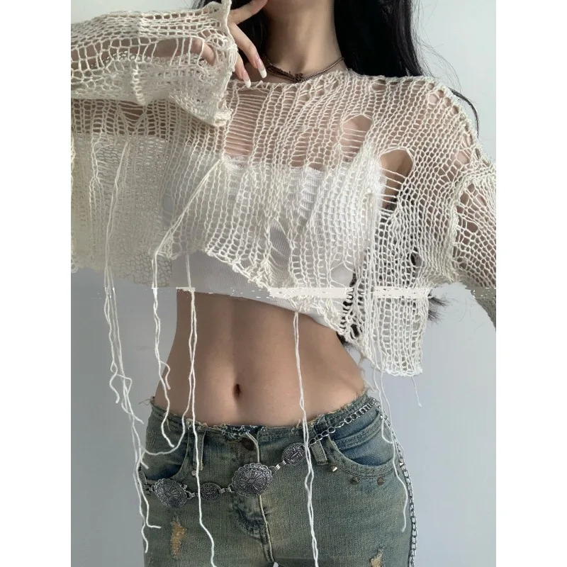 Deeptown Y2K Womens Knit Tshirt Hollow Out Knitwear Cropped Sweater Spring Short Networks Jumper Vintage Gyaru Korean Fashion 250616
