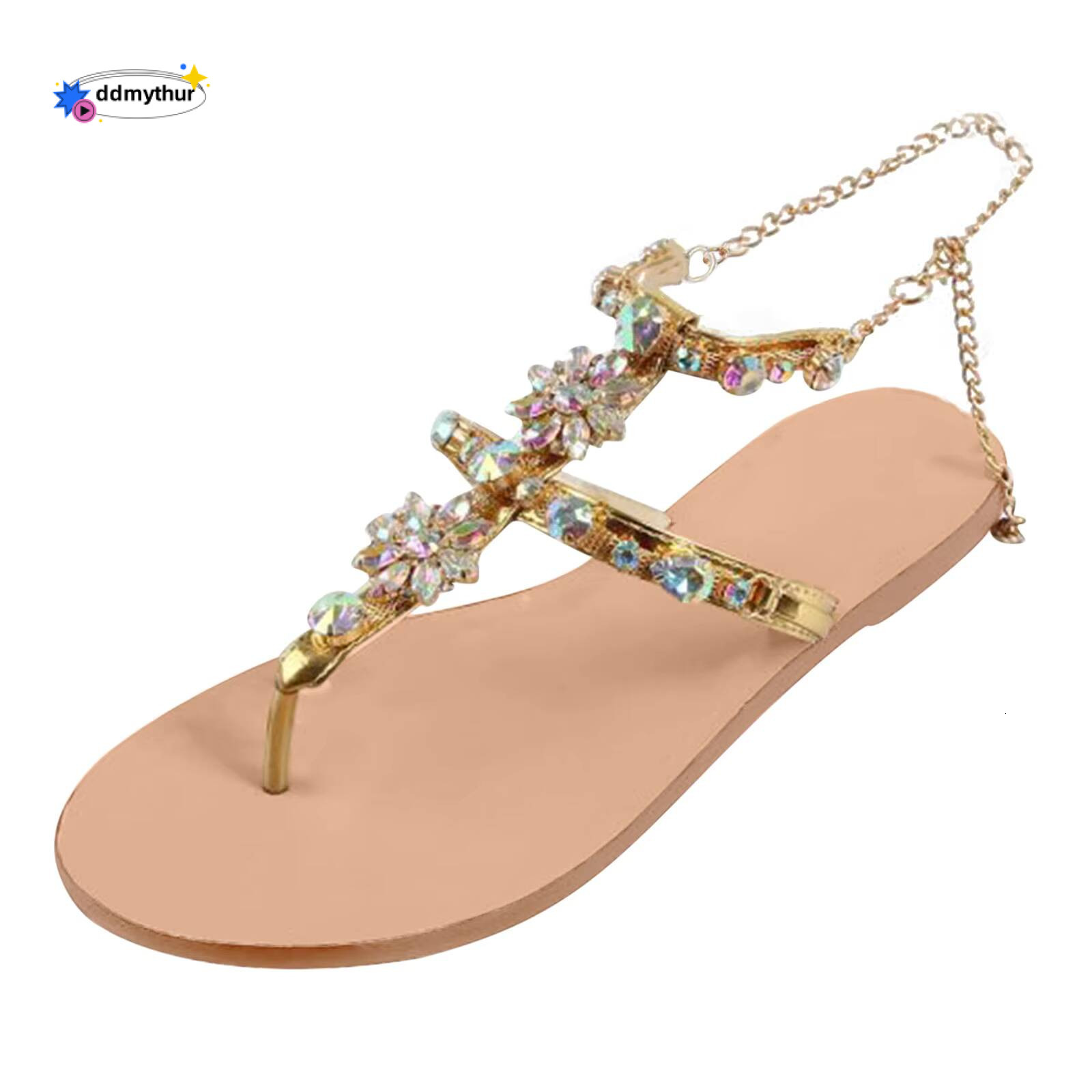 2023 Summer New Women Casual Flats Rhinestone Round Toe Sandals Buckle Strap Shoes Bohemian Style Flat Sapatos Feminino ddmythur