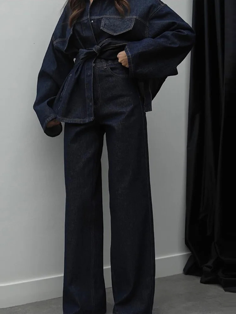 Street Denim Jacket Pants Sets Women Belt Spliced Lapel Single Breasted Jackets High Waist Straight Pant Spring Lady Outfit 250614