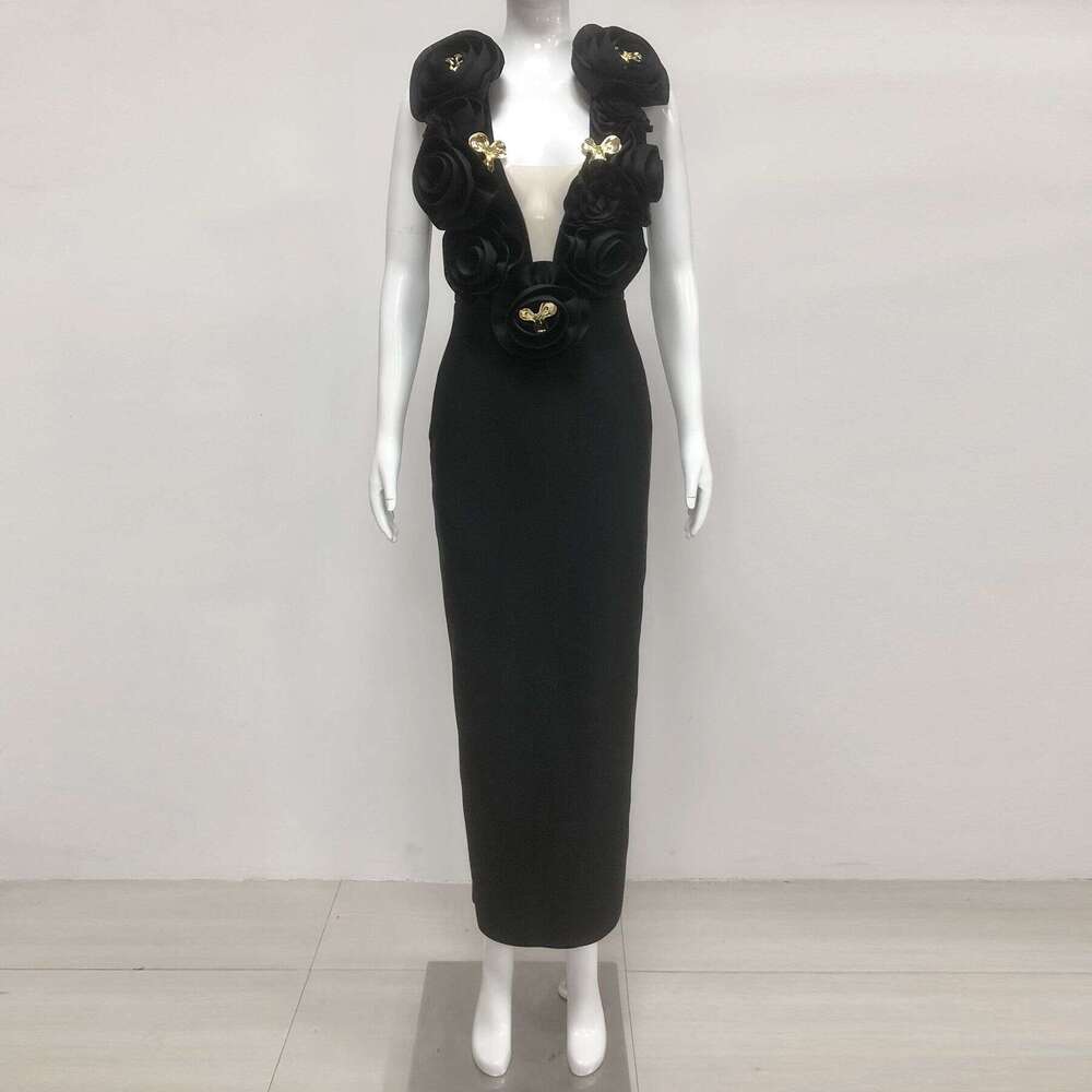 Spring/Summer New Fashion Sexy Sleeveless Floral Slim Waist Black Long Bandage Dress