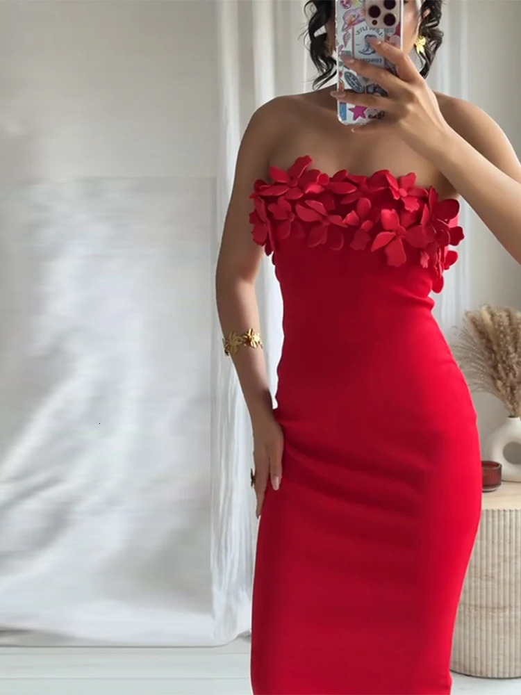 Strapless 3D Flower Women Dress Off Shoulder Sexy Backless Slim Fit Satin Solid Color Gown Robes Elegant Wrap Hip Long Dresses 250612