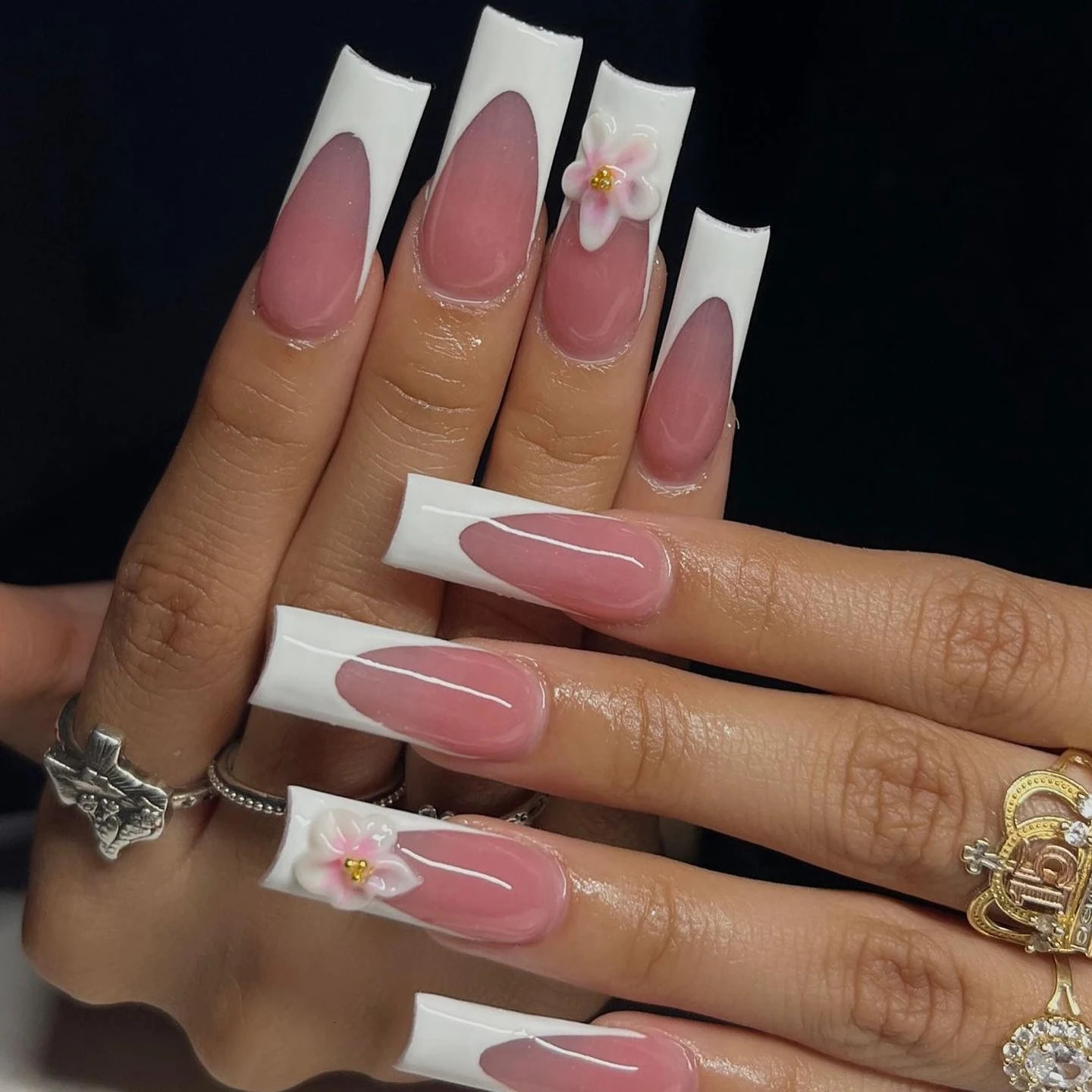 French Tips Extra Long Square Nail Art 3D Flower Nude Colours French Tip Long XL Square Flowers Acrylic Handmade Press on Nails 250612