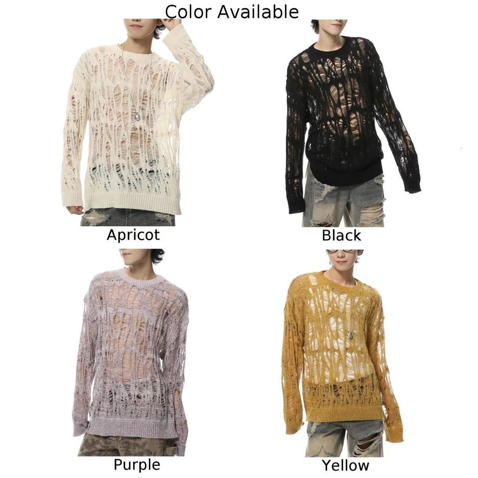 Mens Autumn Hollow Out Hole Long Sleeve Sweater Fashion Retro Knitted Top Sweaters Casual Loose Pullover Tops 250617