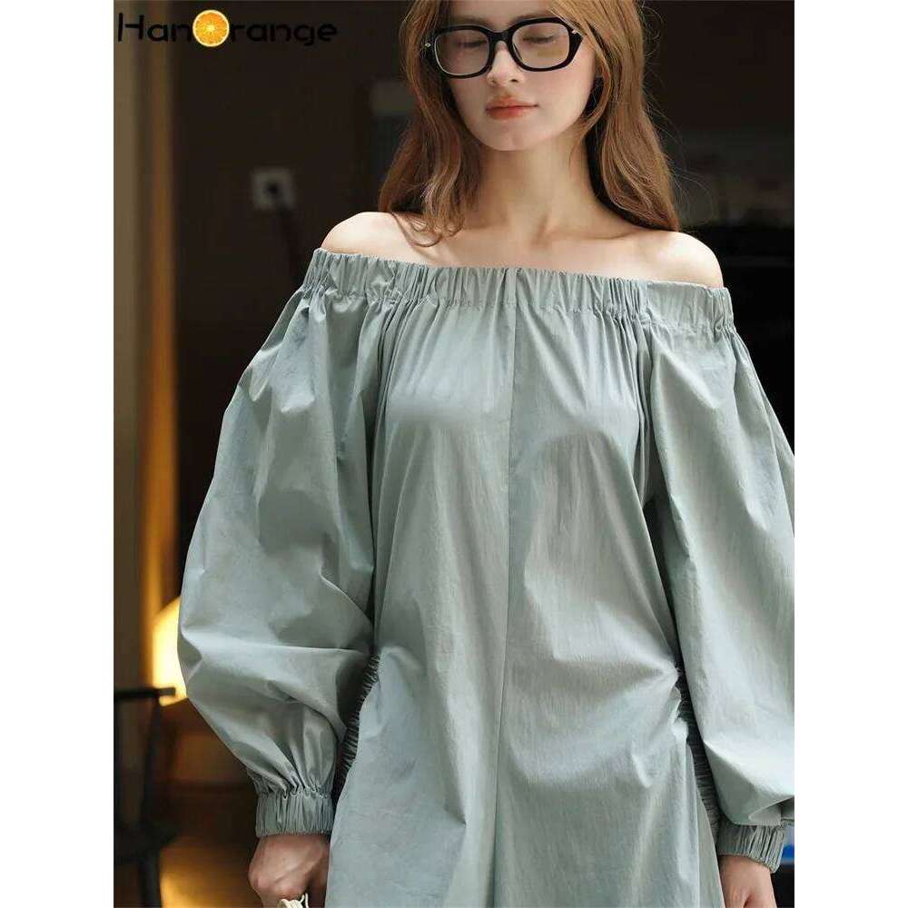 HanOrange 2024 Early Autumn Puff Sleeve Boat Neck High Waist Umbrella Dress Black/Gray Green