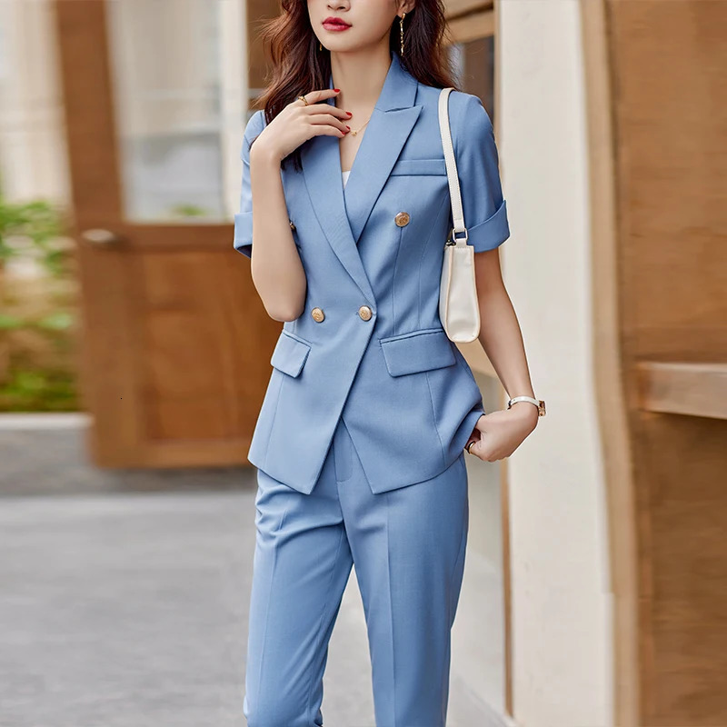 Fashion Light Blue Blazer Women Pant Suits Short Sleeve Jacket Sets Office Ladies Work Uniform Styles Pantsuits 250612