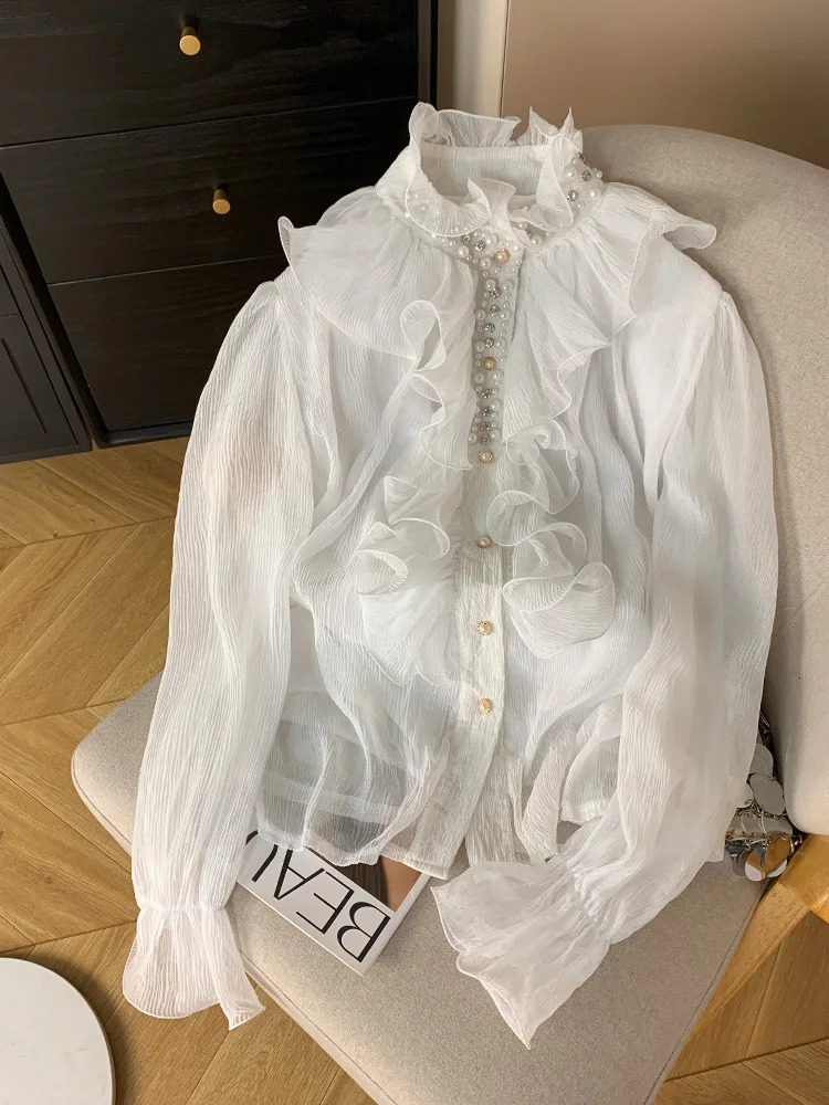 Pearls Women Blouse Ruffles Long Sleeve Stand Collar Court Single Breasted Autumn Senior Sheer Chic Tops 250617