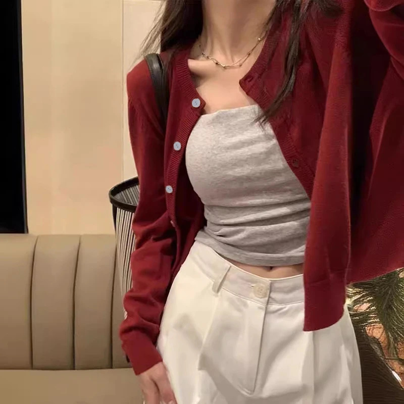 Alobee Red Cardigan Knit Early Autumn Women Clothes Outdoor Crop Sweater Outerwear Long Sleeve Top Bottoming Shirt 250616