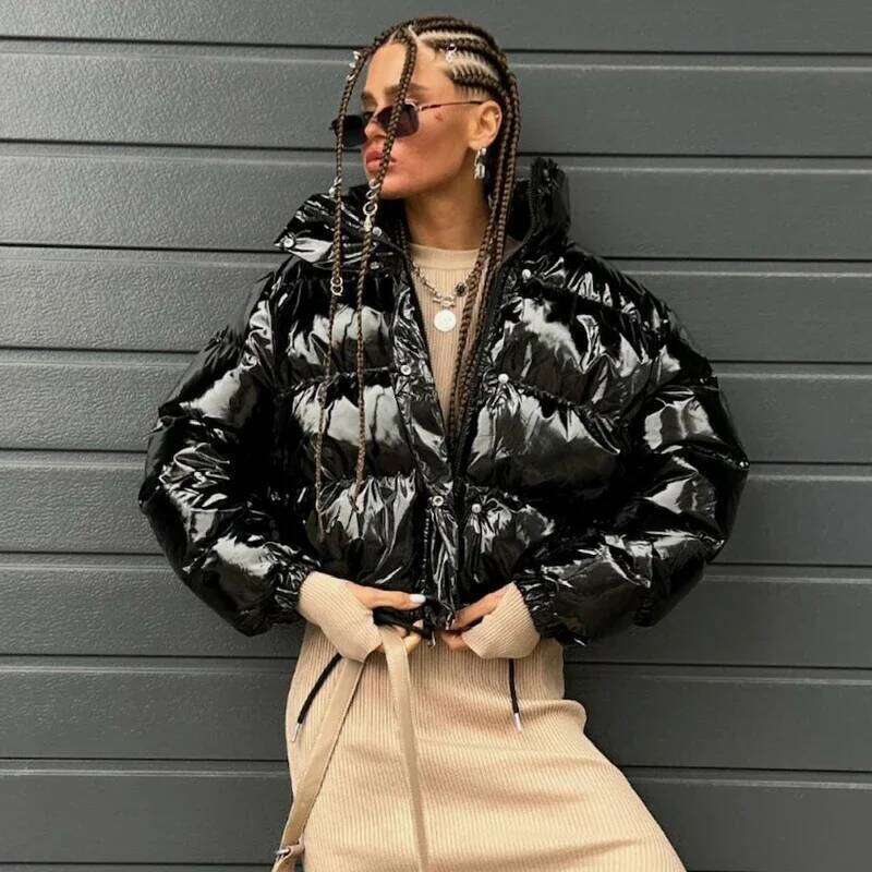 Winter Women Shiny Black PU Puffer Jacket Warm Thick Bubble Bright Metallic Sier Leather Parka Down Coats Street
