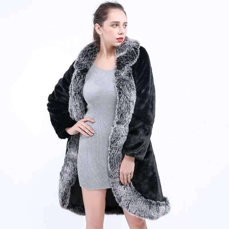 Winter Fall Women Fashion Grey Faux Fox Fur Collar Black Mink Coat , 3xl 4xl Thick Warm Elegant Coats Long Jacket for Woman