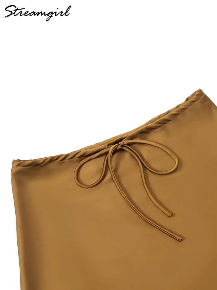 Satin Mini Skirts Women Summer Beige Silk Short Skirt For Woman Drawstring High Waist Black Satin Skirt A Line Women Short 2025 250614
