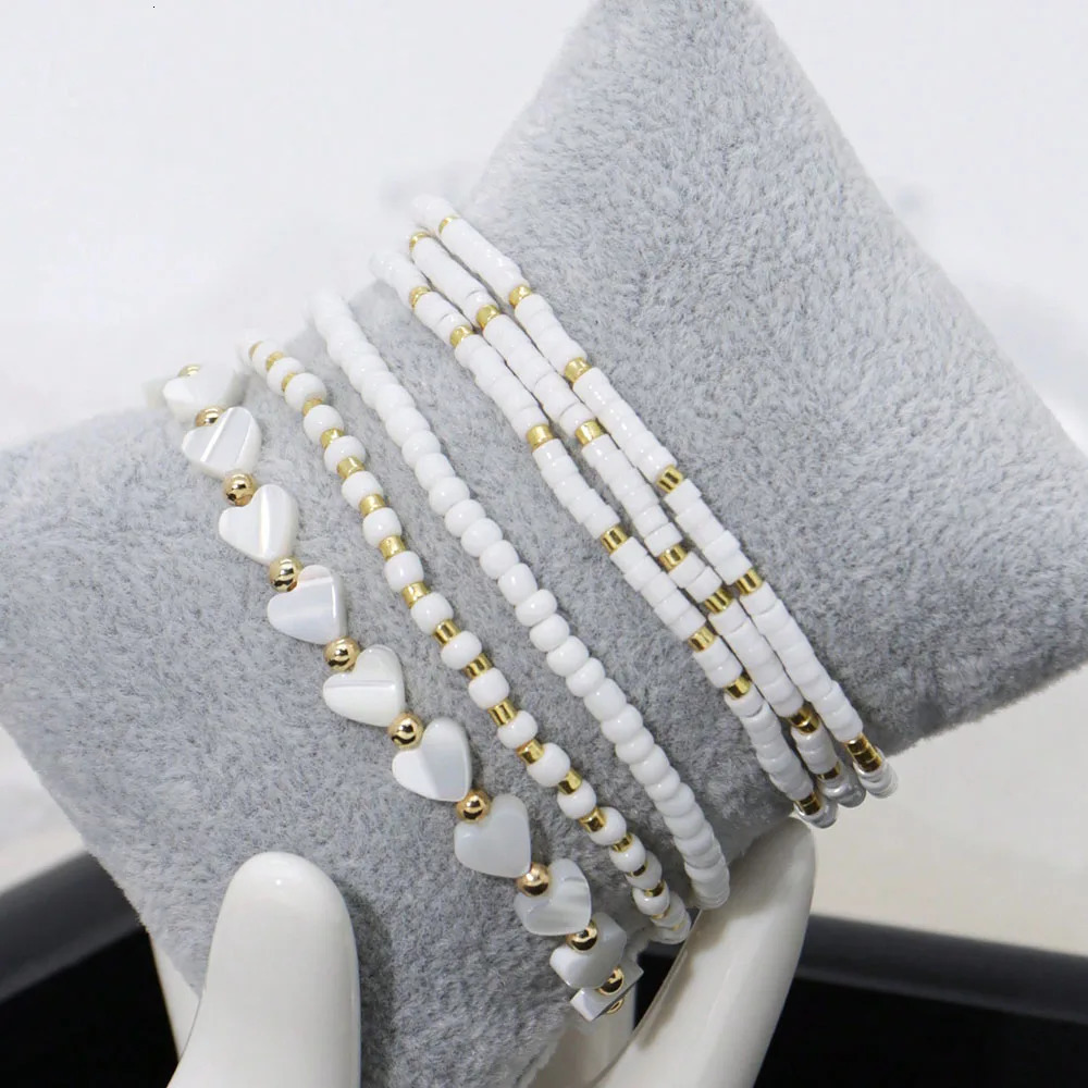 6pcs Set Of Delicate White Bead Heart Shell Handmade Beaded Elastic MultiLayer Bracelets For Valentines gift B082 250613