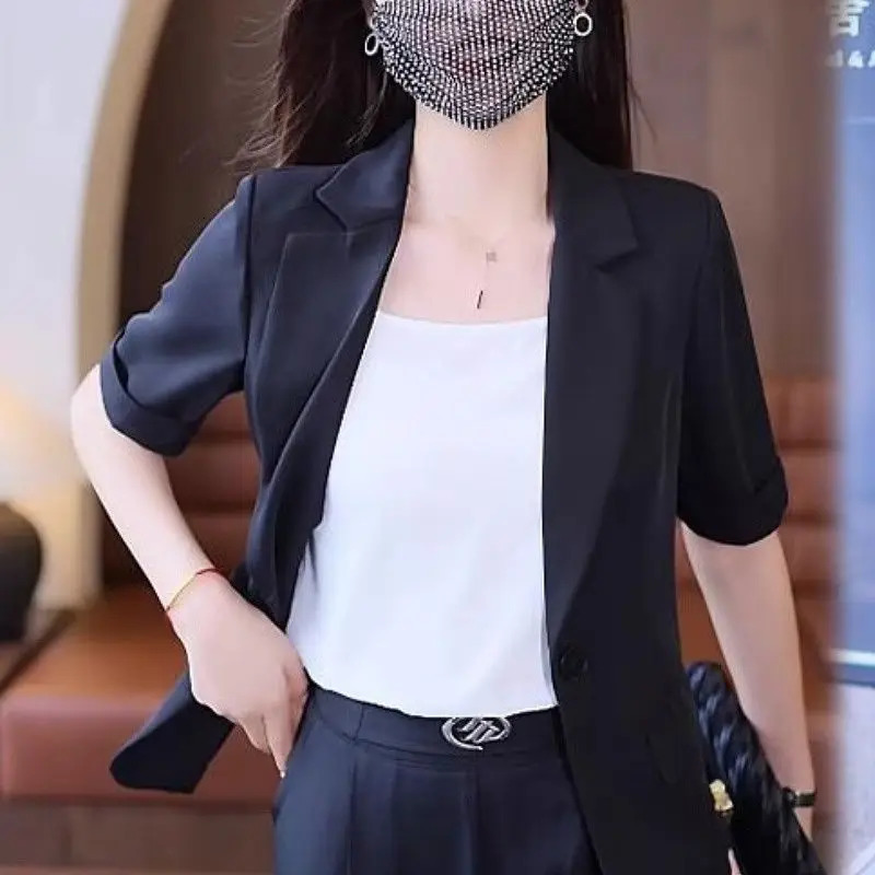 Womens Summer Fashion Short Sleeved Suit Pants Two Piece Korean Elegant Thin Casual Blazers Jacket Trousers Matching Set 250612