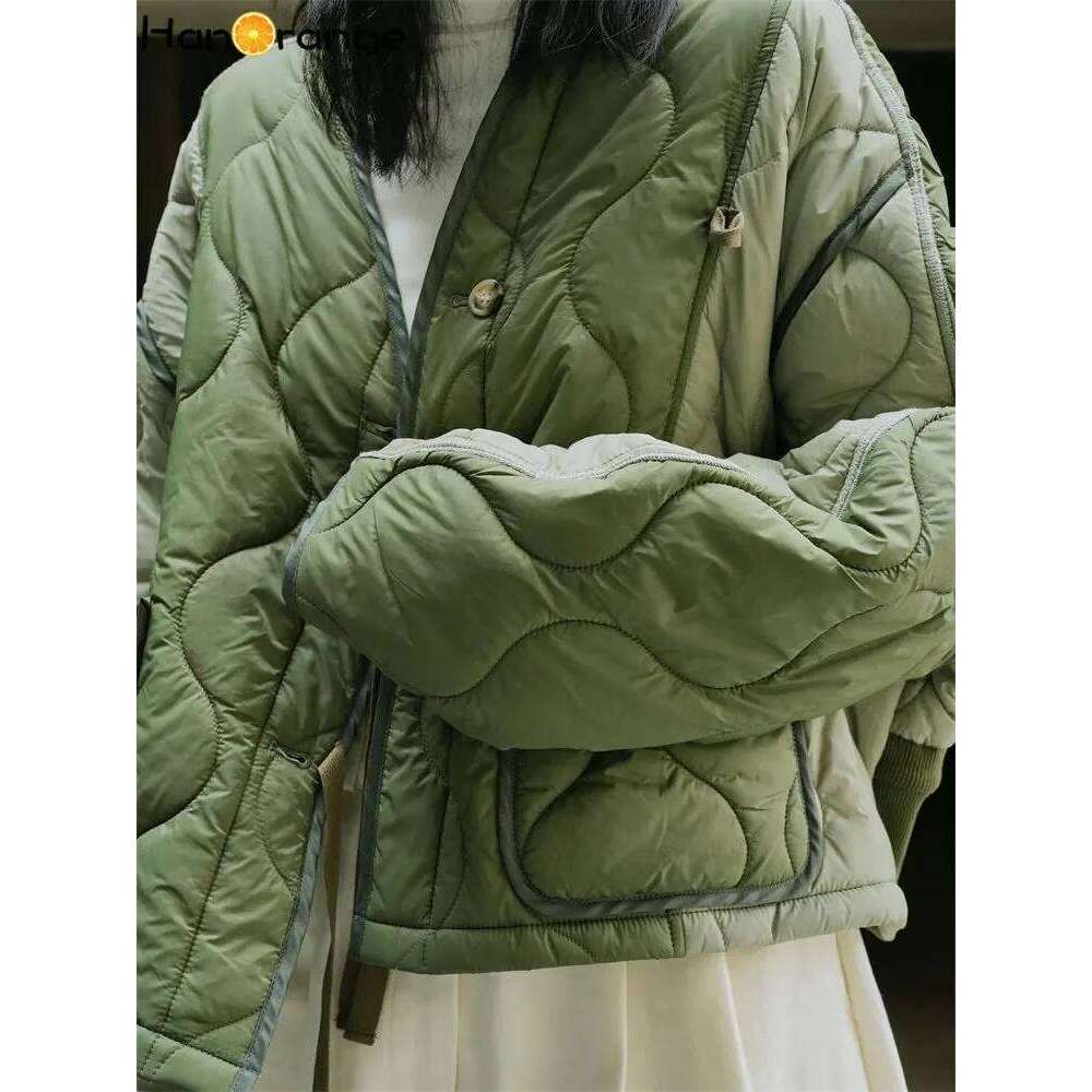 HanOrange 2024 Winter Color Contrast Cotton Padded Jacket Women Loose Light Casual Warm Parkas Female Sense Design Black/Green