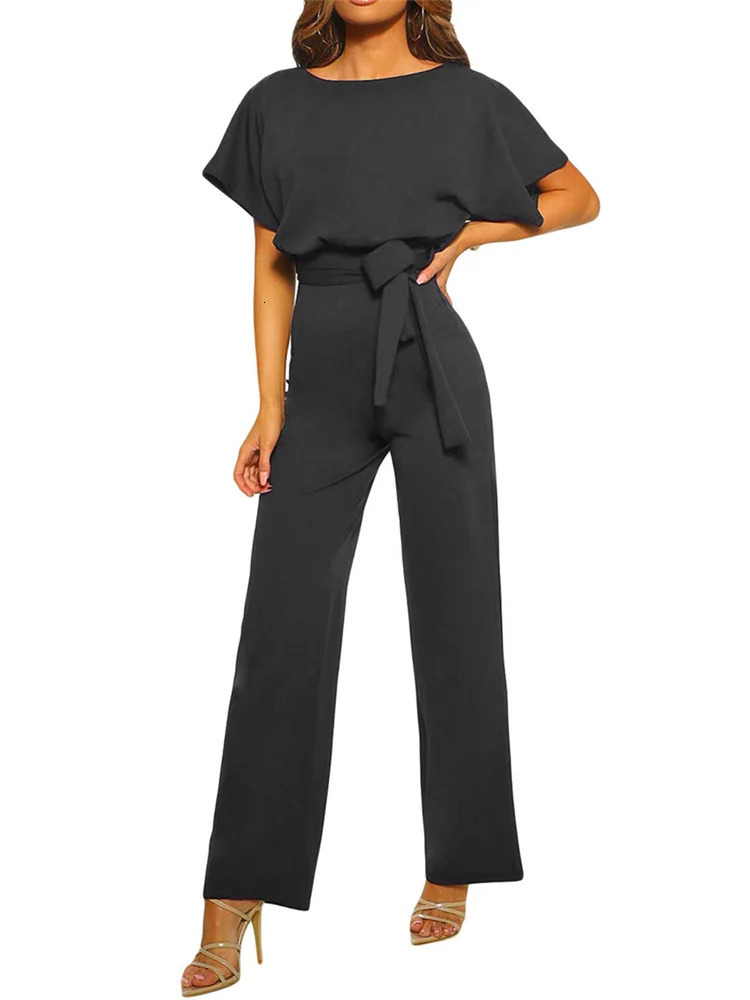 Women Jumpsuits Elegant Solid Color Flare Short Sleeve Waist Tie Wide Leg Pants Romper Summer Streetwear 250616