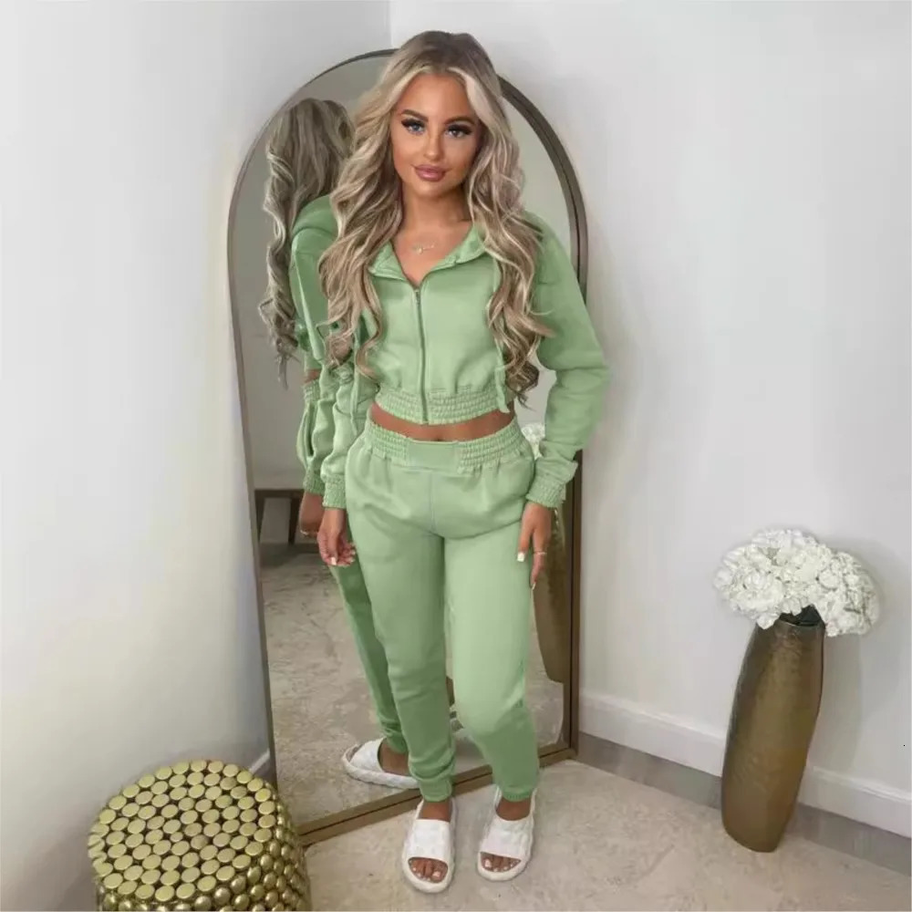 Fleece Hooded Sweatshirt Short Hooded Womens Suit Autumn Winter Casual Zipper Hoodie Sports Jogging Pants Female 2piece Set 250614