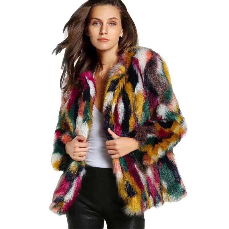 Fashion Contrast Multi Color Faux Fur Long Hairy Shaggy Outwear Autumn Winter Short Jacket Coat Tops Women Clothes