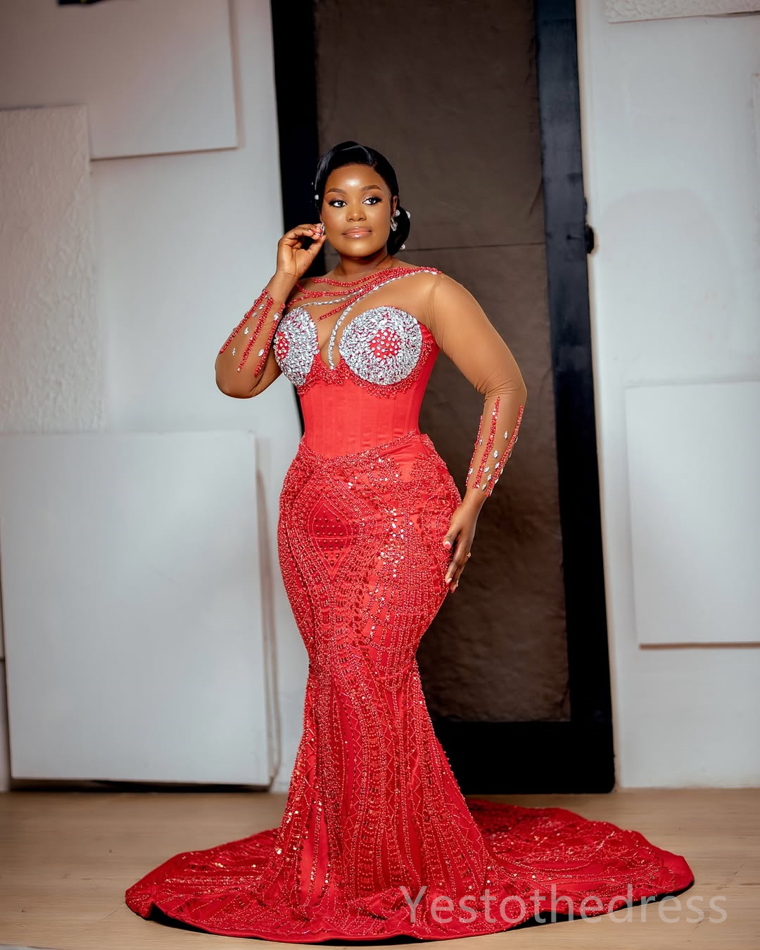 2025 Plus Size Red Aso Ebi Prom Dress Mermaid Prom Dresses Evening Formal Gowns Sheer Neck Long Sleeves Beaded Lace Flora Birthday Dress Second Recept