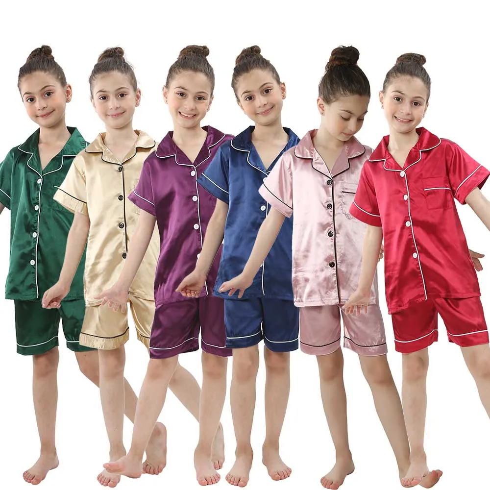 Summer Short Sleeve Satin Pajamas Silk Fabric Girls Sleepwear Boys Nightwear Solid Childrens Pajama Sets Pyjamas Boy Baby Wear 250617