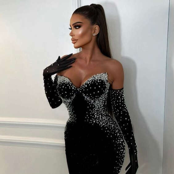Winter New Fashion Sexy Pearl Decorated Socialite Style Strapless Bandage Long Dress