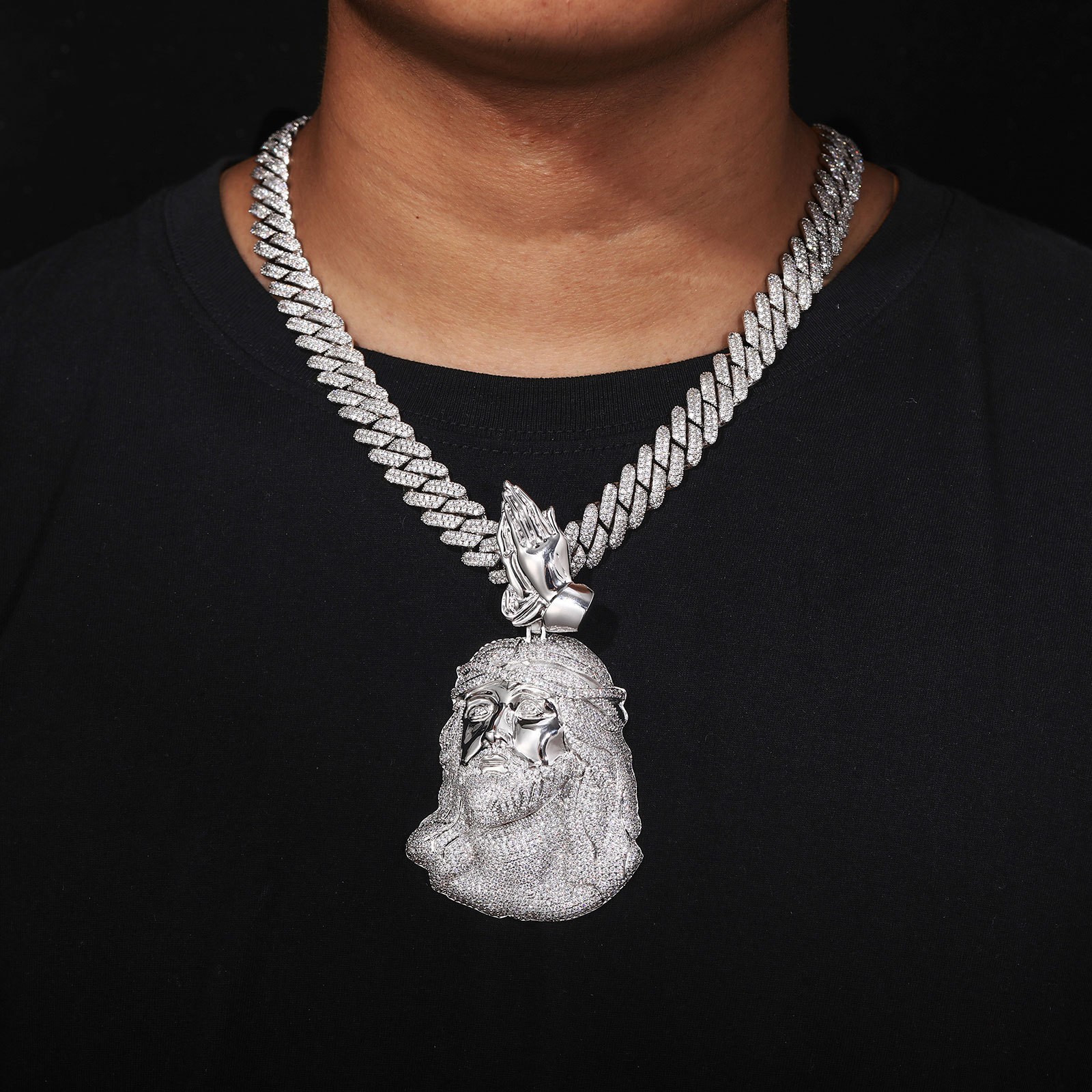 Hip Hop Praying Hands Jesus Face Pendant Necklace 5A Zircon Religious Jewelry