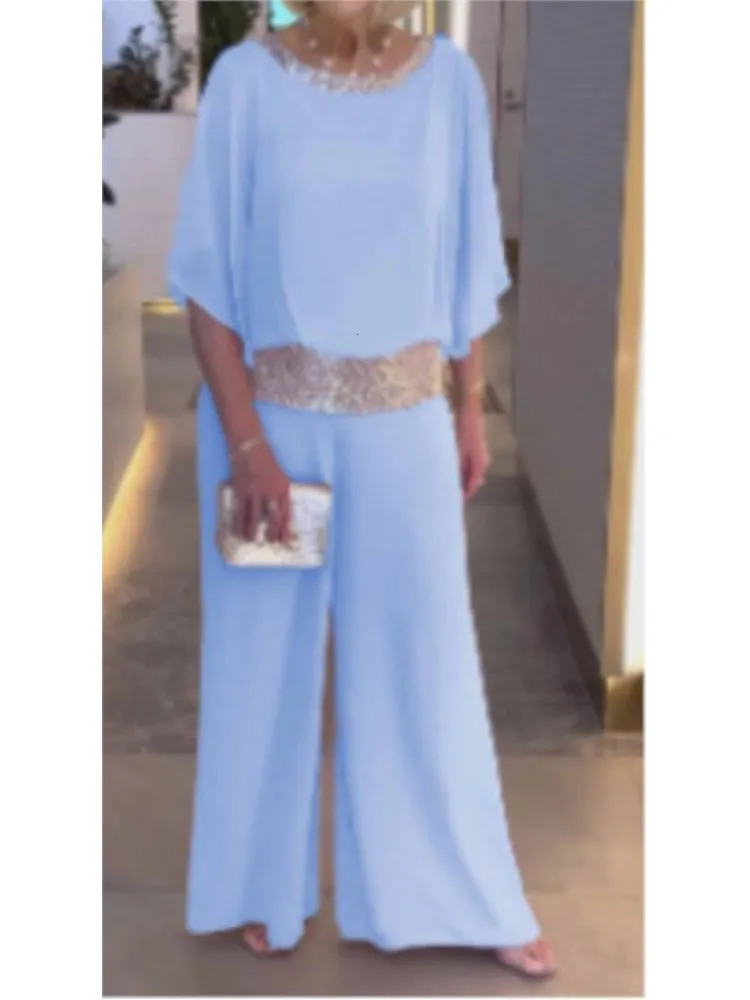 Fashion Sequin Splicing Chiffon Shirt Womens Bat Short Sleeved Suit Summer Wide Leg Pants Elegant Female Office 2 Piece Set 250616