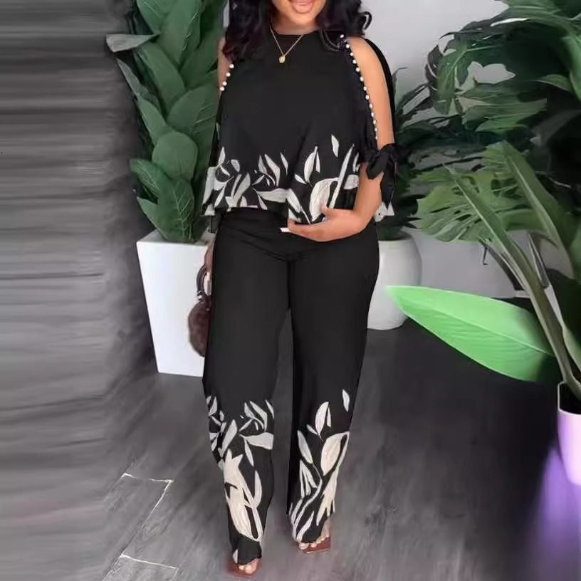 VONDA Womens Fashion Pants Set Summer Cold Shoulder Casual Loose 3/4 Sleeve Top Retro Printed Bohemian Set 241126