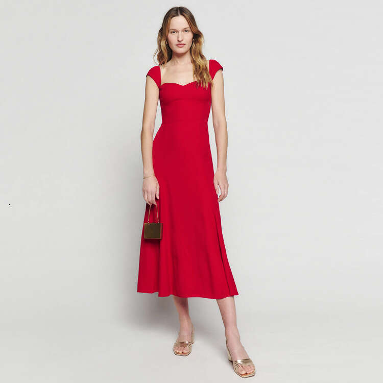 Womens Dress Goth Tender N620 Summer 2025 Bright Red Square Neck Small Flutter Sleeve Dress Slim Fit Mid-length French Style Women