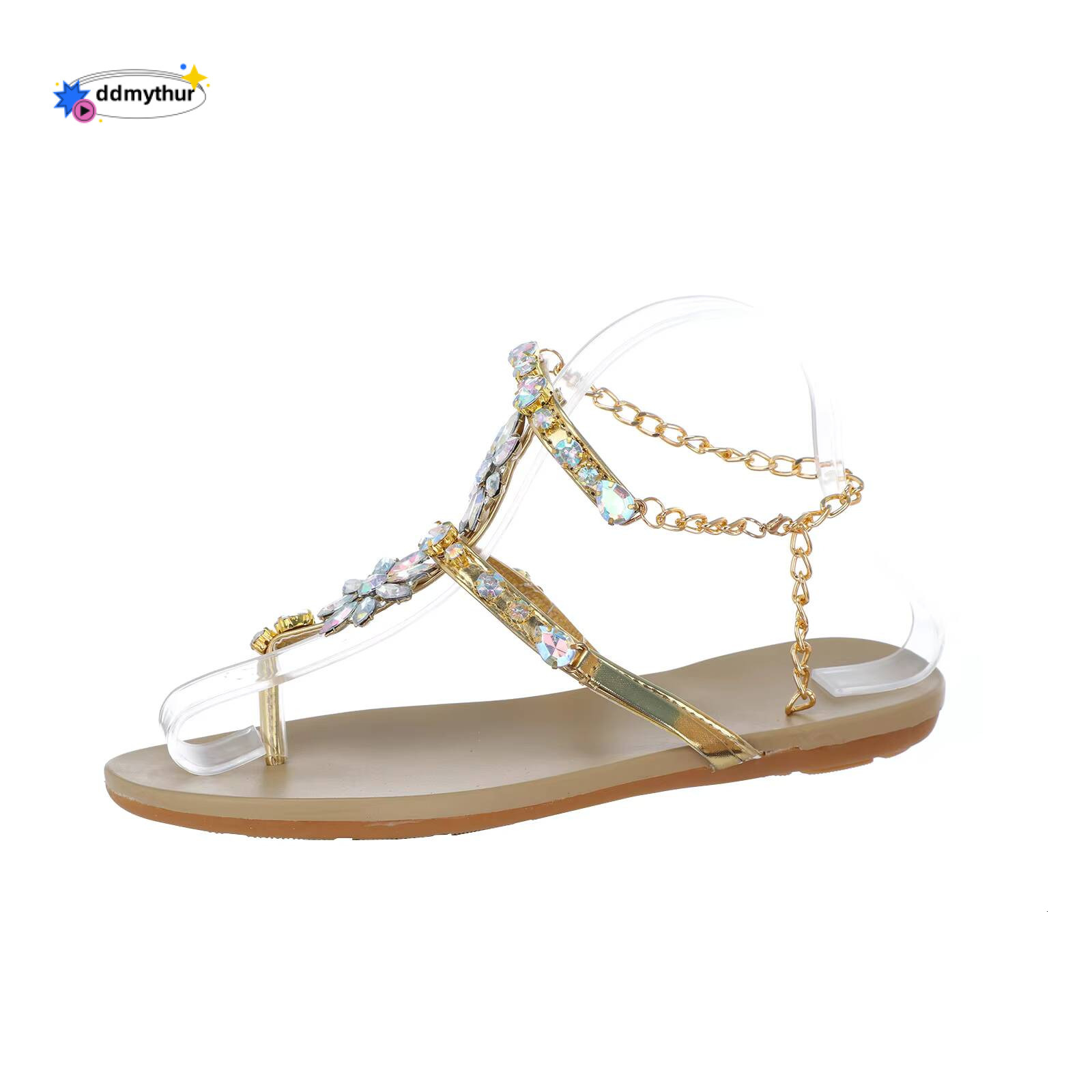 2023 Summer New Women Casual Flats Rhinestone Round Toe Sandals Buckle Strap Shoes Bohemian Style Flat Sapatos Feminino ddmythur