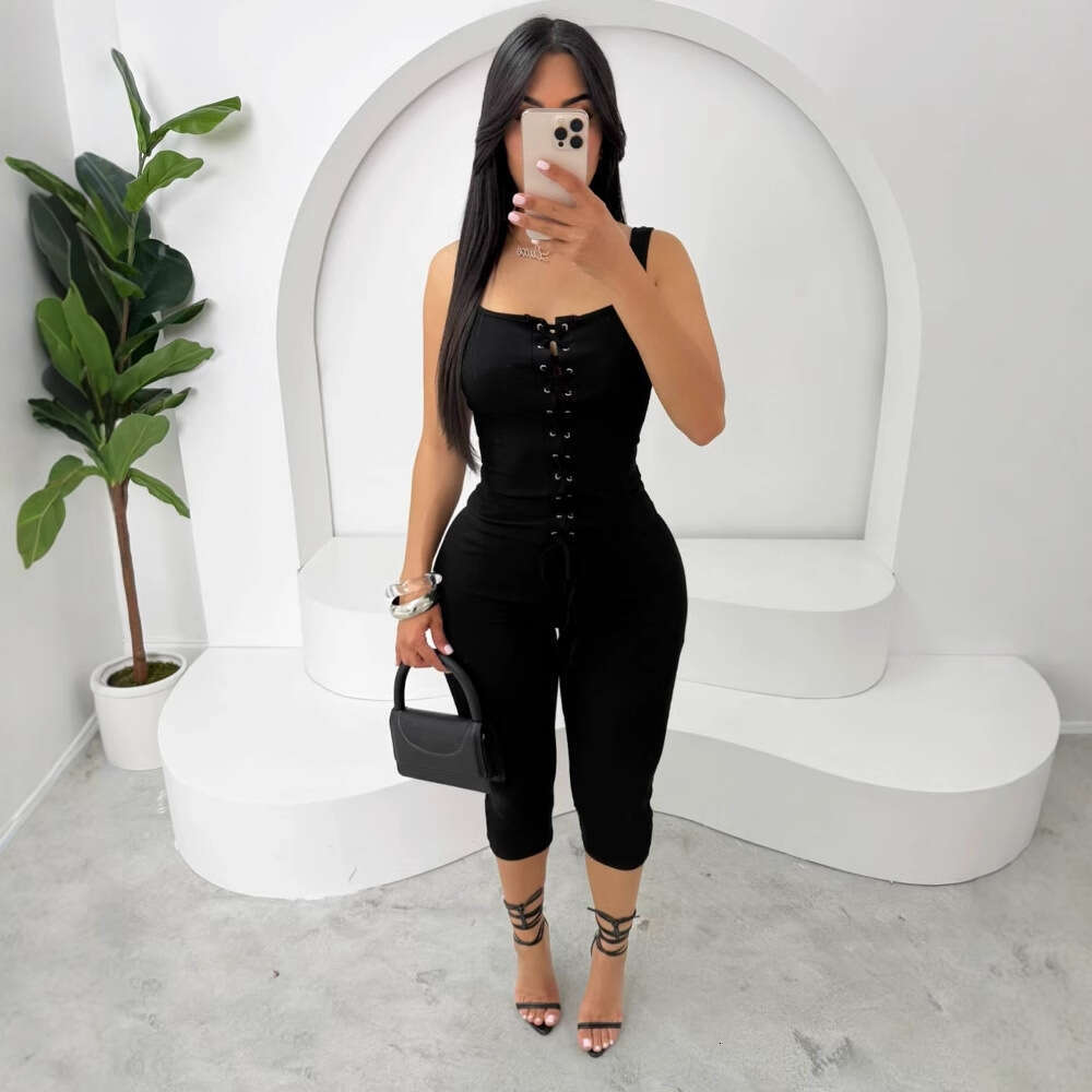 Summer New Style Hot Girl Front Tie Strap Vest And Shorts Set Women's Fashion B5