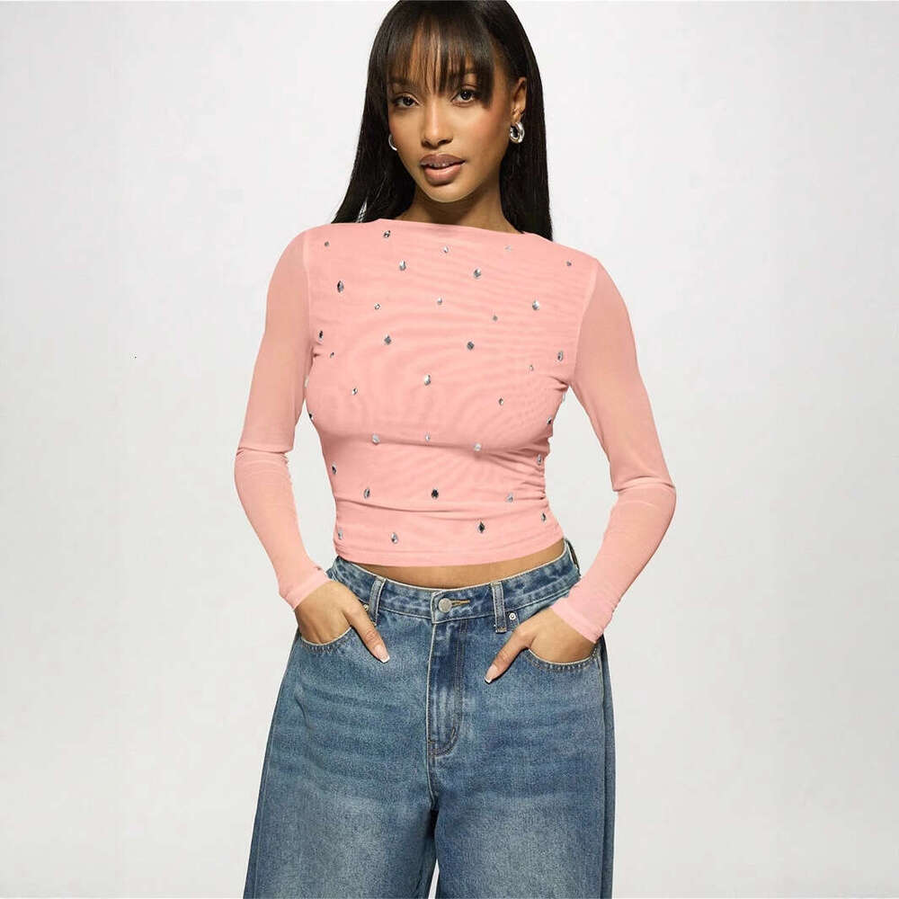 New Women's Fashion Casual Printed Slim Fit Mesh Semi-Transparent Hollow Long Sleeve T-Shirt B5