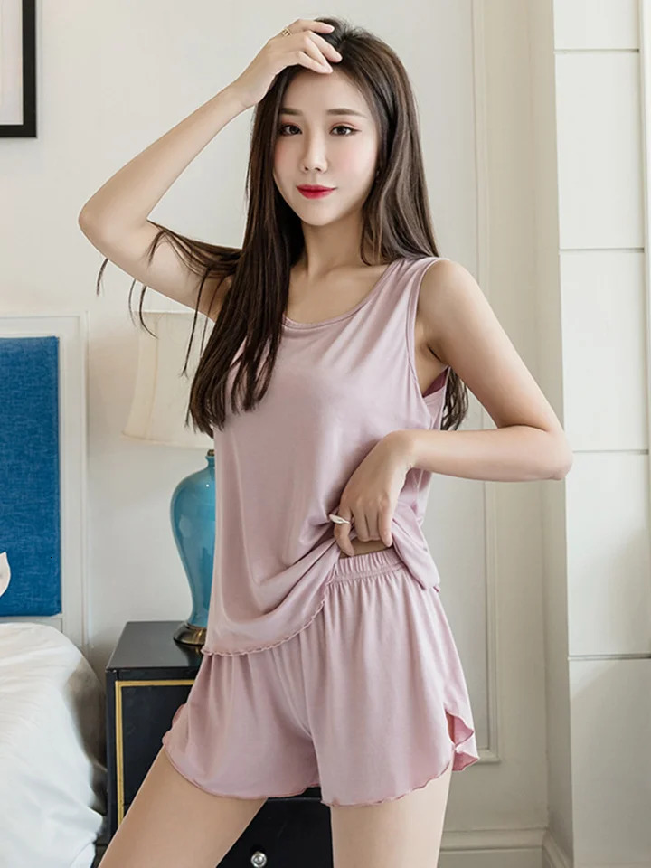 Summer Womens Pajamas Set Simple Two-Piece Comfortable Solid Color Vest Shorts Loose Home Suit Set Sleepwear Women 250616