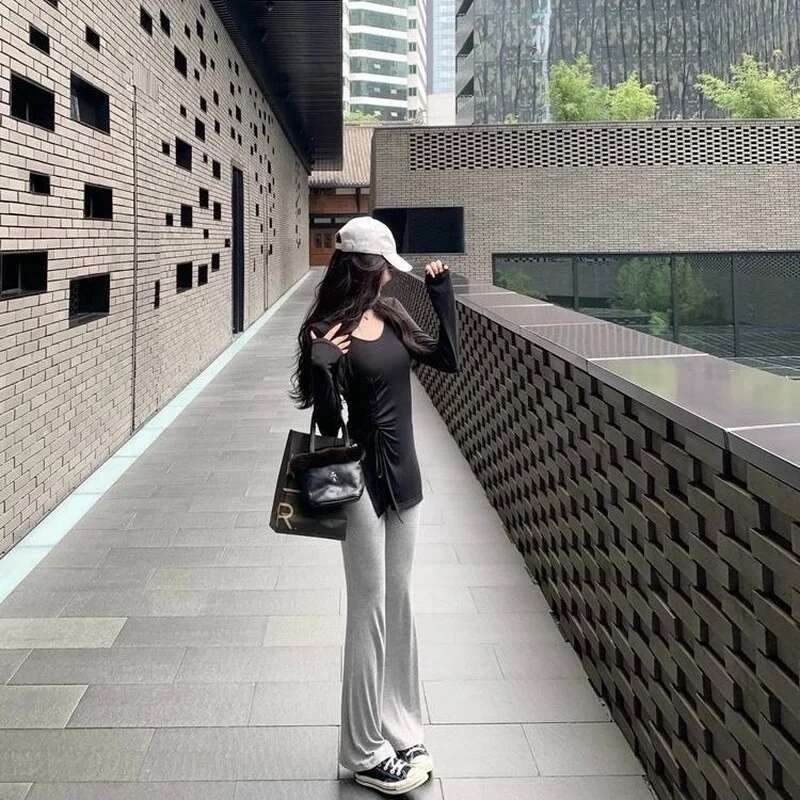 Clothing Sexy Flare Womens Pants Solid Trousers Woman Pink Elastic Waist Outfits Casual Summer G New In Vintage Aesthetic 90s