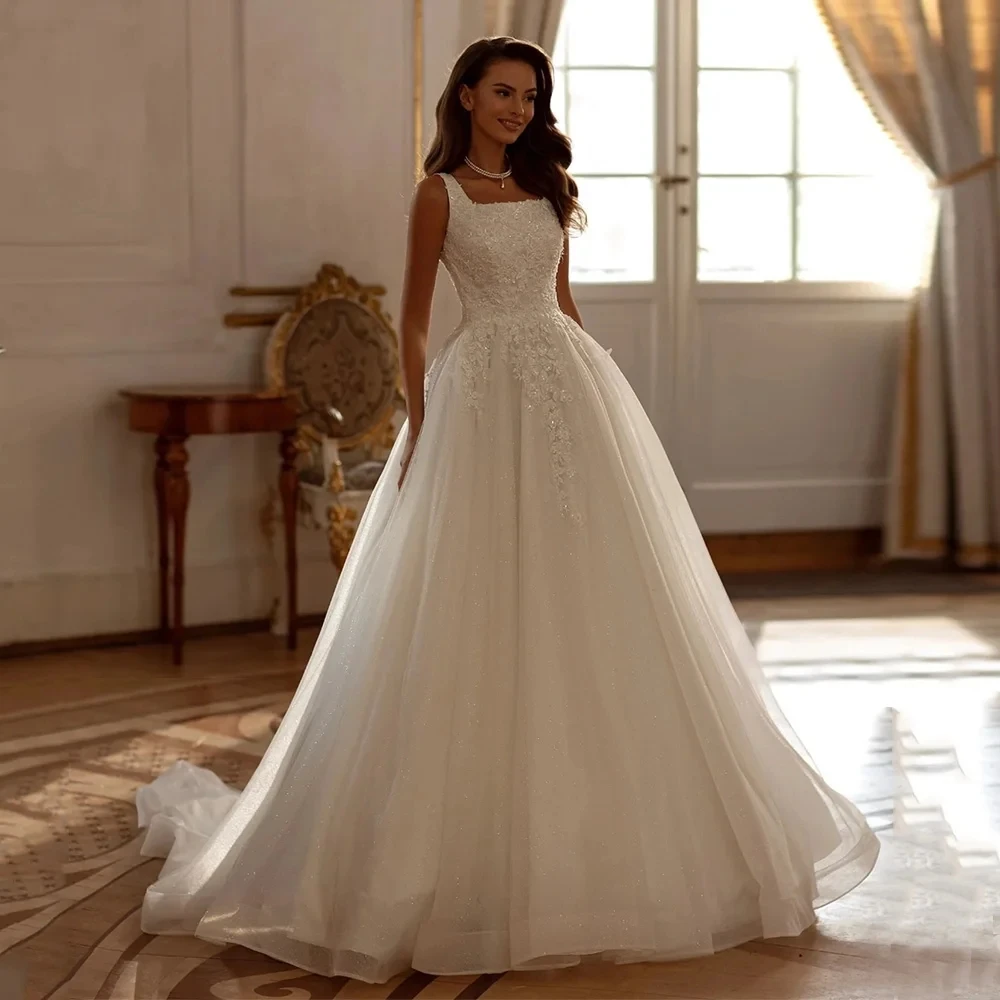 Elegant Shiny Sequin Lace Wedding Dresses Square Neck Appliques Lace Beading A Line Bridal Dress Bride Gowns