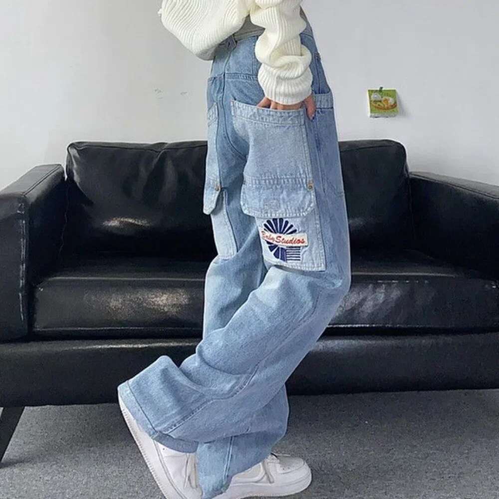 Pants for Women Letter Embroidered with Pockets Straight Leg High Waist Shot Womens Jeans Blue Trousers Streetwear Hippie Fitted