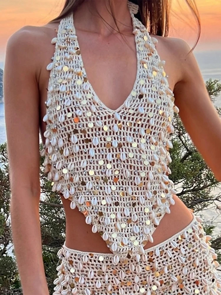 Shell Sequin Vest Skirt Set Women Knitted Halter V-neck Hollow Out Lace Up Backless Top Mini Skirts 2025 Summer Beach Lady Suit 250616